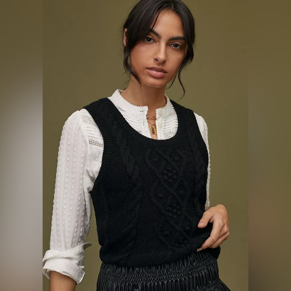 Anthropologie Black Cable Knit Sleeveless Sweater Vest